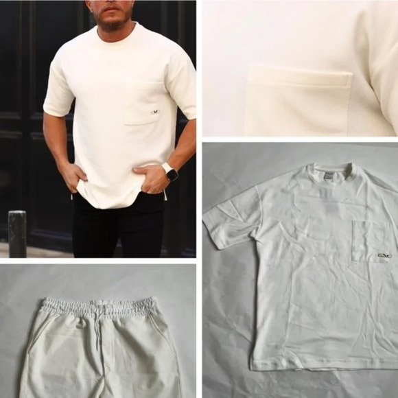 Men Ivory 2-Piece Set Short Sleeve T-Shirts (XL) and Shorts (L) Suits NWOT - Picture 1 of 16
